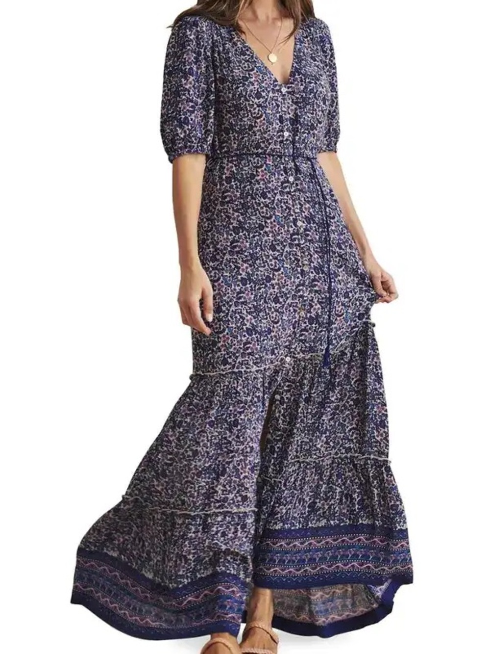 Faherty Navy & Lavender Floral V-Neck Maxi Dress